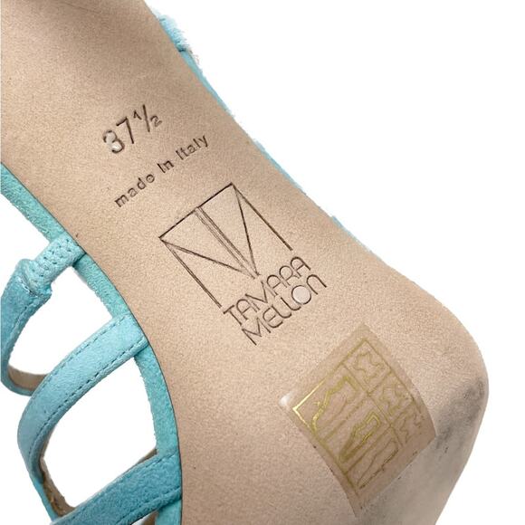 Tamara Mellon aqua/turquoise suede cage strap stiletto sandals size 37.5 US7-7.5 - Picture 13 of 14